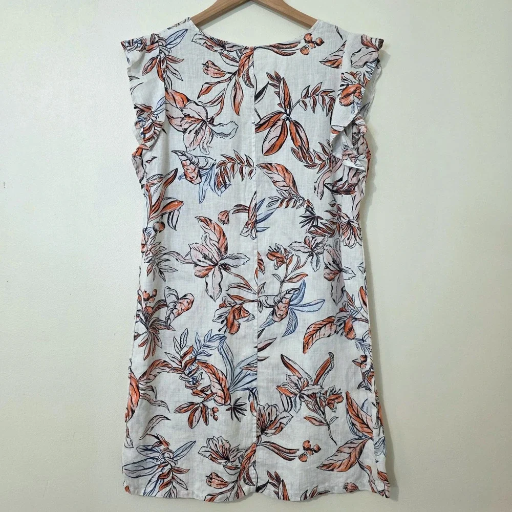 Tahari 100% Linen Tropical Floral Mini Dress Sz M Beach Boho Print Ruffle‎ Shift